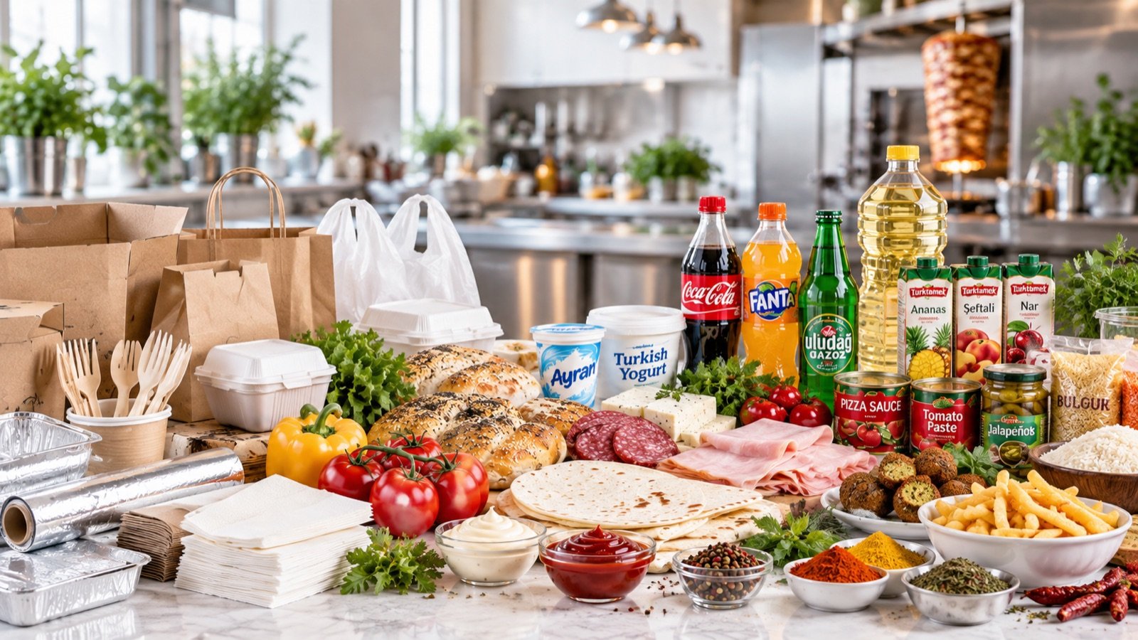 Wholesale food packaging, bakery, dairy, beverages, and pantry products displayed in a professional kitchen